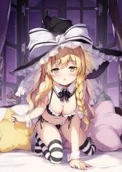 Rule 34 | 1girl, apron, arm support, bare arms, bare shoulders, black bow, black bowtie, black bra, black hat, black panties, black thighhighs, blonde hair, blush, bow, bowtie, bra, braid, breasts, cleavage, curtains, detached collar, flower pot, frills, hair bow, hat, hat bow, highres, indoors, kirisame marisa, kneeling, long hair, looking at viewer, medium breasts, miyase mahiro, navel, no shoes, open mouth, panties, pillow, side-tie panties, sidelocks, simple background, single braid, solo, star-shaped pillow, stomach, striped clothes, striped thighhighs, thighhighs, thighs, touhou, underwear, underwear only, white bow, white thighhighs, window, witch hat, wrist cuffs, yellow eyes