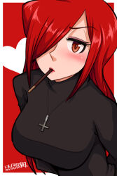 Rule 34 | 1girl, absurdres, breasts, cross, cross necklace, food, hair over one eye, hamu agaki, heart, highres, jewelry, large breasts, long hair, looking at viewer, necklace, parasoul (skullgirls), pocky, red background, red hair, skullgirls, solo, upper body, yellow eyes
