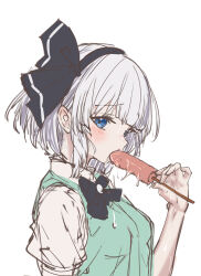 1girl black_bow black_bowtie black_hairband blue_eyes blunt_bangs bow bow_hairband bowtie breasts collared_shirt fellatio floating_hair food furrowed_brow green_vest grey_hair hairband highres holding holding_food konpaku_youmu looking_at_viewer medium_breasts medium_hair oral saliva sausage shirt short_sleeves sidelocks simple_background simulated_fellatio soara_shimomo touhou upper_body vest white_background white_shirt