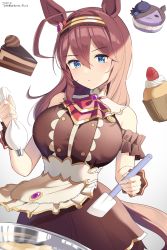 Rule 34 | 1girl, ahoge, animal ears, apron, bare shoulders, blue eyes, breasts, brown apron, brown dress, brown hair, brown hairband, closed mouth, commentary request, cupcake, dated, dress, food, frilled apron, frills, hair between eyes, hairband, highres, hirota fruit, holding, horse ears, horse girl, horse tail, large breasts, long hair, looking at viewer, macaron, mihono bourbon (code:glassage) (umamusume), mihono bourbon (umamusume), mixing bowl, official alternate costume, pastry bag, rice shower (umamusume), simple background, sleeveless, sleeveless dress, solo, spatula, tail, twitter username, umamusume, waist apron, white background