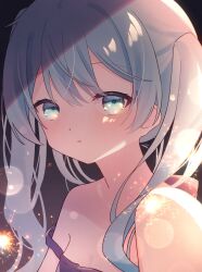 Rule 34 | 1girl, absurdres, aerial fireworks, blue eyes, blue hair, blurry, blush, bokeh, breasts, commentary, depth of field, fireworks, hatsune miku, highres, long hair, looking at viewer, parted lips, shirt, sleeveless, sleeveless shirt, small breasts, solo, strap slip, upper body, vocaloid, yomiya yumeha