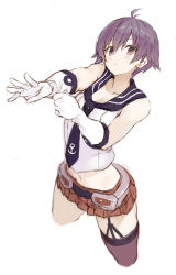 Rule 34 | 1girl, absurdres, anchor symbol, black necktie, black sailor collar, blush, brown eyes, collarbone, commentary request, cropped legs, gloves, hair between eyes, highres, kantai collection, navel, necktie, pleated skirt, purple hair, purple thighhighs, red skirt, revision, ryo (tg290), sailor collar, sakawa (kancolle), school uniform, serafuku, short hair, simple background, single thighhigh, skirt, sleeveless, solo, thighhighs, twitter username, white background, white gloves