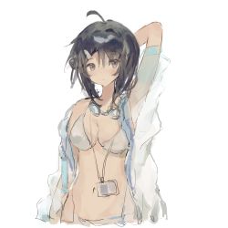Rule 34 | 1girl, arknights, arm up, bikini, black hair, breasts, chinese commentary, commentary request, goggles, goggles around neck, grey eyes, highres, jacket, la pluma (arknights), la pluma (summer flowers) (arknights), looking at viewer, medium breasts, navel, off shoulder, official alternate costume, open clothes, open jacket, short hair, simple background, solo, stomach, swimsuit, upper body, white background, white bikini, yangcongxianweitianchongwu