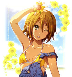 Rule 34 | 1girl, ;d, arm up, bikini, blush, breasts, brown hair, collarbone, flower, k-on!, one eye closed, open mouth, overalls, round teeth, shian (my lonly life.), short hair, small breasts, smile, solo, swimsuit, tainaka ritsu, teeth, wink, yellow bikini