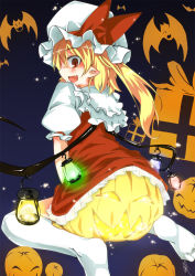 Rule 34 | 1girl, bad id, bad pixiv id, bat (animal), blonde hair, bloomers, blush, bow, box, dress, fang, female focus, flandre scarlet, from behind, gift, gift box, glowing, glowing wings, halloween, harry (namayake), hat, hat bow, highres, jack-o&#039;-lantern, lantern, looking back, no shoes, open mouth, pointy ears, pumpkin, red eyes, short hair, side ponytail, sitting, solo, thighhighs, too literal, touhou, underwear, wariza, white thighhighs, wings