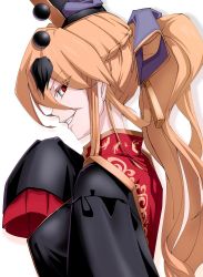 Rule 34 | 1girl, absurdres, alternate hairstyle, arm up, black dress, black headwear, blonde hair, blush, braid, colored eyelashes, commentary request, dress, evil grin, evil smile, french braid, from side, grin, hair between eyes, highres, junko (touhou), kikoka (mizuumi), long hair, long sleeves, phoenix crown, ponytail, red eyes, simple background, sleeves past fingers, sleeves past wrists, smile, solo, standing, tabard, teeth, touhou, upper body, white background, wide sleeves