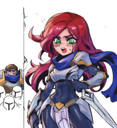 Rule 34 | 1boy, 1girl, 3others, :o, ambiguous gender, black bodysuit, blue scarf, blush, bodysuit, boobplate, breastplate, breasts, brown hair, covered navel, cowboy shot, garen (league of legends), green eyes, holding, holding sword, holding weapon, katarina (league of legends), league of legends, long hair, looking at viewer, multiple others, phantom ix row, red hair, scarf, shiny clothes, short hair, shoulder plates, simple background, small breasts, solo focus, sweatdrop, sword, teeth, upper teeth only, weapon, white background