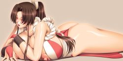 Rule 34 | 1girl, areola slip, ass, back, blush, bow, breast press, breasts, brown hair, candle, cleavage, collarbone, curvy, fatal fury, female focus, fingerless gloves, fire, gigantic breasts, gloves, hair bow, hair ornament, happy, high ponytail, highres, japanese clothes, kimono, konekonewasabii, large areolae, legs, long hair, looking at viewer, lying, nipples, nude, on stomach, open mouth, ponytail, puffy nipples, red eyes, shiranui mai, short kimono, smile, snk, solo, the king of fighters, tongue