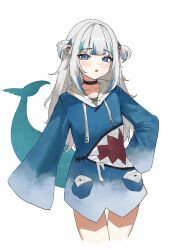 Rule 34 | 1girl, absurdres, animal costume, animal hood, arch 05x, arms at sides, black choker, blue eyes, blue hair, blue hoodie, blunt bangs, blush, choker, cowboy shot, fins, fish tail, gawr gura, gawr gura (1st costume), grey hair, hair ornament, highres, hololive, hololive english, hood, hoodie, long hair, long sleeves, looking at viewer, multicolored hair, no pants, open mouth, parted lips, shark costume, shark girl, shark hair ornament, shark hood, shark print, shark tail, sharp teeth, side ponytail, sidelocks, simple background, sleeves past fingers, sleeves past wrists, solo, streaked hair, tail, teeth, two side up, virtual youtuber, white background, wide sleeves