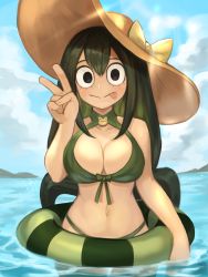 Rule 34 | 1girl, absurdres, asui tsuyu, bare arms, bikini, black eyes, blue sky, boku no hero academia, breasts, cleavage, closed mouth, commentary request, dark green hair, green bikini, green hair, hair between eyes, hat, highres, innertube, korean commentary, long hair, looking at viewer, low-tied long hair, partially submerged, sky, solo, sookmo, straw hat, sunlight, swim ring, swimsuit, tongue, tongue out, v, water