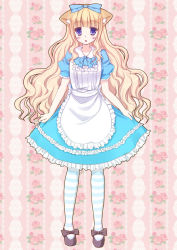 Rule 34 | 1girl, alice (alice in wonderland), alice in wonderland, ameya kirika, animal ears, blonde hair, blue eyes, bow, cat ears, hair bow, hair ornament, hair ribbon, highres, long hair, looking at viewer, mary janes, pantyhose, parted lips, purple eyes, ribbon, shoes, solo, standing, striped clothes, striped pantyhose, very long hair