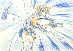 Rule 34 | 10s, 1girl, armband, armor, bad id, bad pixiv id, belt, blue theme, broken armor, cape, clenched teeth, colored pencil (medium), gensei-225, gloves, magical girl, mahou shoujo madoka magica, mahou shoujo madoka magica (anime), miki sayaka, short hair, skirt, solo, soul gem, sword, teeth, thighhighs, traditional media, weapon