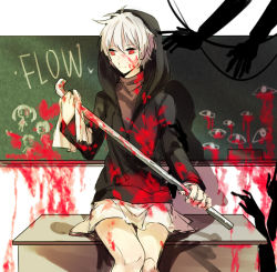 Rule 34 | .flow, 1girl, blood, blood on face, blood splatter, blood on clothes, cameo, classroom, copyright name, desk, dew (970623), hood, kaibutsu, lead pipe, crossed legs, looking away, sabitsuki, school, short hair, sitting, skirt, solo, white hair, wiping