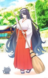 Rule 34 | 1girl, absurdres, black hair, blue archive, breasts, broom, cat, closed eyes, commission, full body, hair over one eye, hakama, hakama skirt, halo, headband, highres, hinata (blue archive), holding, holding broom, japanese clothes, kimono, large breasts, long hair, miko, noonnoon531, pixiv commission, red hakama, sandals, skirt, socks, solo, standing, tabi, very long hair, white headband, white kimono, white socks, wide sleeves, yellow halo, zouri