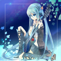 Rule 34 | 1girl, aqua eyes, aqua hair, boots, choker, female focus, full body, glamour audio, gradient background, guitar, hatsune miku, headphones, high heels, instrument, jewelry, knee boots, long hair, navel, necklace, shoes, sitting, skirt, solo, twintails, very long hair, vocaloid
