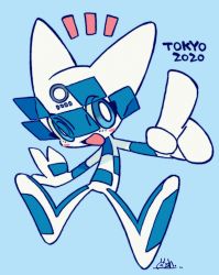 Rule 34 | 1boy, 2020 summer olympics, blue background, blue eyes, highres, kanekoshake, looking at viewer, male focus, mascot, olympics, open mouth, pointing, signature, simple background, smile, solo