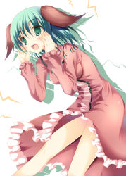 Rule 34 | 1girl, blue hair, blush, dress, fang, female focus, green eyes, green hair, hair between eyes, kasodani kyouko, matching hair/eyes, nozomi tsubame, open mouth, short hair, shouting with hands, simple background, smile, solo, teeth, touhou, upper teeth only, white background