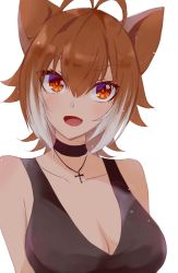 Rule 34 | 1girl, absurdres, animal ears, antenna hair, black dress, blazblue, breasts, brown eyes, brown hair, choker, chukachuka, cleavage, cross, cross necklace, dress, highres, jewelry, large breasts, looking at viewer, makoto nanaya, multicolored hair, necklace, open mouth, short hair, smile, solo, squirrel ears, squirrel girl, upper body, white hair