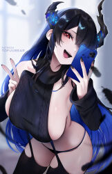 Rule 34 | 1girl, bare shoulders, black hair, blush, breasts, cellphone, detached sleeves, hair over one eye, highres, hololive, hololive english, horns, large breasts, long hair, looking at viewer, meme attire, nerissa ravencroft, open mouth, phone, red eyes, sideboob, smile, solo, tofuubear, v, virgin destroyer sweater, virtual youtuber, white background