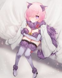 Rule 34 | 1girl, animal costume, animal ears, blush, bow, breasts, chaldea uniform, cleavage, commentary request, fake animal ears, fake tail, fang, fate/grand order, fate (series), fur-trimmed legwear, fur-trimmed sleeves, fur collar, fur trim, hair over one eye, halloween, halloween costume, harukappa, highres, jacket, jacket on shoulders, looking at viewer, looking up, mash kyrielight, mash kyrielight (dangerous beast), medium breasts, o-ring, o-ring top, official alternate costume, on bed, one eye covered, pink bow, pink hair, purple eyes, revealing clothes, short hair, sitting, solo, sweatdrop, tail, uniform, white jacket, wolf costume, wolf ears, wolf tail