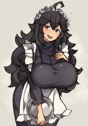 Rule 34 | 1girl, @ @, ahoge, alternate breast size, apron, black dress, black eyes, black hair, blush, breasts, commentary, creatures (company), cropped legs, dress, game freak, hair between eyes, hairband, headband, heart, hex maniac (pokemon), highres, huge breasts, large breasts, long dress, long hair, looking at viewer, maid, maid apron, maid headdress, nintendo, open mouth, own hands together, pokemon, pokemon xy, purple headband, ribbed sweater, simple background, smile, solo, standing, sweater, tray, umitsuki (kurage no shokushu), white background