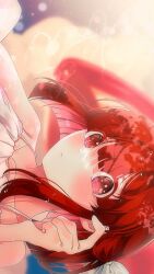 Rule 34 | 1girl, arima kana, bob cut, closed mouth, dress, hand in own hair, highres, inverted bob, looking at viewer, oshi no ko, red eyes, red hair, rlrkr, short hair, solo, white dress