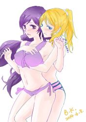 Rule 34 | 10s, 2girls, arms up, ayase eli, b k, bikini, blonde hair, blue eyes, grabbing another&#039;s breast, breast hold, breasts, grabbing, green eyes, hand on another&#039;s chest, hug, hug from behind, large breasts, long hair, looking at another, looking at viewer, love live!, love live! school idol project, multiple girls, navel, parted lips, ponytail, purple eyes, short hair, sideboob, swimsuit, tojo nozomi, twintails, yuri
