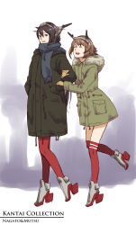 Rule 34 | 10s, 2girls, alternate costume, holding another&#039;s arm, brown hair, character name, coat, copyright name, highres, kaburagi yuki, kantai collection, multiple girls, mutsu (kancolle), nagato (kancolle), pantyhose, parka, personification, red eyes, red legwear, scarf, short hair, thighhighs, winter clothes, winter coat