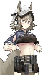 Rule 34 | 1girl, animal ears, arknights, armor, armpit cutout, ashlock (arknights), belt pouch, breasts, clothes lift, clothing cutout, grey eyes, grey hair, helm, helmet, highres, medium breasts, pouch, shirt hair, shirt lift, shorts, solo, squirrel ears, squirrel tail, tail, underboob