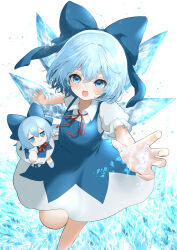 Rule 34 | 1girl, blue bow, blue dress, blue eyes, blue hair, bow, cirno, collared shirt, dress, fumo (doll), highres, ice, ice wings, mikan (manmarumikan), neck ribbon, pinafore dress, puffy short sleeves, puffy sleeves, red ribbon, ribbon, shirt, short sleeves, sleeveless, sleeveless dress, solo, touhou, white shirt, wings