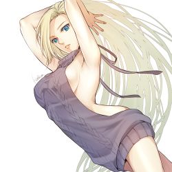 Rule 34 | 1girl, armpits, arms up, backless outfit, blonde hair, blue eyes, breasts, cowboy shot, dress, dutch angle, floating hair, ksn (sleeping chick), long hair, medium breasts, meme attire, naruto (series), naruto shippuuden, parted lips, purple sweater, ribbed sweater, sideboob, solo, standing, sweater, sweater dress, swept bangs, very long hair, vest, virgin killer sweater, white background, yamanaka ino