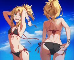 Rule 34 | 1girl, :d, adjusting clothes, adjusting swimsuit, armpits, arms behind head, arms up, ass, back, bare shoulders, bikini, black bikini, blonde hair, blue sky, braid, breasts, commentary request, day, fangs, fate/apocrypha, fate (series), french braid, from behind, front-tie bikini top, front-tie top, green eyes, hair ornament, hair scrunchie, halterneck, highres, long hair, mordred (fate), mordred (fate/apocrypha), multiple views, navel, open mouth, photoshop (medium), ponytail, red scrunchie, scrunchie, side-tie bikini bottom, sidelocks, sky, small breasts, smile, stomach, string bikini, swimsuit, tank top, tonee, variant set