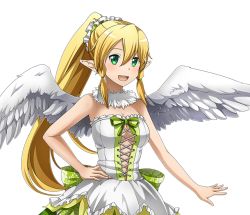 Rule 34 | 1girl, :d, angel wings, blonde hair, braid, breasts, choker, cleavage, dress, feathered wings, hair between eyes, hair ornament, hand on own hip, high ponytail, large breasts, leafa, looking at viewer, open mouth, pointy ears, sleeveless, sleeveless dress, smile, solo, standing, strapless, strapless dress, sword art online, transparent background, twin braids, upper body, white wings, wings