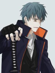 Rule 34 | 1boy, black gloves, blue background, blue hair, brown eyes, coat, collared coat, fate/grand order, fate (series), fingerless gloves, gloves, high collar, highres, katana, long sleeves, male focus, saitou hajime (fate), simple background, solo, sword, upper body, weapon, xxxsoiu1