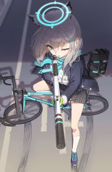 Rule 34 | 1girl, absurdres, aiming, animal ear fluff, animal ears, applepie (12711019), assault rifle, bag, bicycle, black skirt, blue archive, blue eyes, blue jacket, blue necktie, breast pocket, cat ears, cross hair ornament, full body, gloves, green gloves, greyscale, gun, hair between eyes, hair ornament, halo, highres, holding, holding gun, holding weapon, id card, jacket, long hair, long sleeves, monochrome, necktie, one eye closed, open clothes, open jacket, parted lips, pleated skirt, pocket, scarf, school bag, shade, shadow, shiroko (blue archive), shirt, shoes, sidelocks, sig sauer 556, skid mark, skirt, sneakers, socks, solo, v-shaped eyebrows, weapon, white shirt, white socks