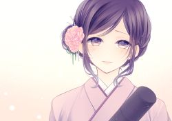 Rule 34 | 1girl, brown eyes, brown hair, flower, gradient background, hair flower, hair ornament, hatsune miku, japanese clothes, kimono, pink flower, pink kimono, shiro mayu, short hair, simple background, solo, swept bangs, upper body, vocaloid, white background
