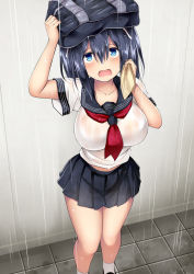 Rule 34 | 1girl, alternate costume, bag, black sailor collar, blue eyes, blue hair, blush, breasts, hair between eyes, hair ornament, hair ribbon, highres, holding, improvised umbrella, kantai collection, kuromayu, large breasts, looking at viewer, miniskirt, neckerchief, open mouth, outdoors, pleated skirt, rain, red neckerchief, ribbon, sailor collar, school bag, school uniform, serafuku, shirt, shoes, skirt, socks, solo, souryuu (kancolle), twintails, water drop, wet, wet clothes, white shirt, white socks
