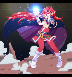 Rule 34 | 1girl, boots, cape, female focus, full body, lina inverse, lowres, magic, mizuiro21, outdoors, red eyes, red hair, slayers, smile, solo, wizard, standing, white footwear