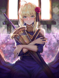Rule 34 | 1girl, absurdres, ahoge, artoria pendragon (all), artoria pendragon (fate), blonde hair, blush, dress, elker, fate/grand order, fate/stay night, fate (series), flower, green eyes, hair between eyes, hair flower, hair ornament, hair ribbon, highres, holding, holding weapon, jewelry, long hair, looking at viewer, ribbon, ring, saber (fate), scabbard, sheath, smile, solo, sword, weapon