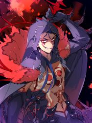 Rule 34 | 1boy, arm up, armor, blue hair, chest tattoo, cu chulainn (fate), cu chulainn (fate) (all), cu chulainn (fate/stay night), cu chulainn alter (fate), cu chulainn alter (fate/grand order), cu chulainn alter (third ascension) (fate), earrings, elbow gloves, facial tattoo, fate/grand order, fate (series), faulds, gae bolg (fate), gloves, glowing, grin, hair between eyes, hood, jewelry, lancer, long hair, looking at viewer, male focus, miya (ete), navel, pectorals, pubic tattoo, red eyes, sketch, smile, solo, spikes, stomach tattoo, tattoo, topless male, upper body, weapon