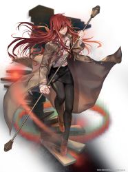 Rule 34 | 1girl, black legwear, black skirt, breasts, brown coat, closed mouth, coat, eyepatch, highres, holding, holding weapon, hwa ryun, leenim, long coat, long hair, looking at viewer, lord of dice, official art, one eye covered, open clothes, open coat, red eyes, red hair, shirt, skirt, solo, tower of god, very long hair, weapon, white background, white shirt