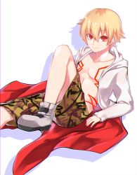 Rule 34 | 1boy, aged down, blonde hair, child, child gilgamesh (fate), fate/grand order, fate/hollow ataraxia, fate (series), gilgamesh (fate), hood, hoodie, looking at viewer, male focus, red eyes, shorts, simple background, smile, solo, white background