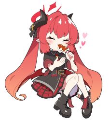 Rule 34 | 1girl, black footwear, black horns, black ribbon, blue archive, blush, boots, chibi, closed eyes, dango, eating, food, full body, hair ribbon, halo, heart, holding, holding food, horns, junko (blue archive), long hair, low wings, mzh, pointy ears, red hair, red wings, ribbon, short sleeves, simple background, solo, twintails, very long hair, wagashi, white background, wings