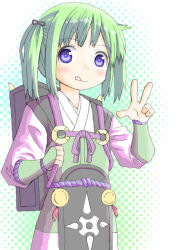 Rule 34 | 1girl, :q, arm guards, armor, backpack, bag, blue eyes, blush, breastplate, fire emblem, fire emblem fates, flat chest, gradient background, green hair, hair ribbon, halftone, halftone background, japanese clothes, kimono, long sleeves, looking at viewer, midori (fire emblem), nintendo, oigen (artist), ribbon, rope, short hair, short twintails, solo, tassel, tongue, tongue out, twintails