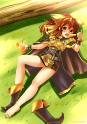 Rule 34 | 1girl, armor, barefoot, belt, blush, boots, bow, bracelet, breastplate, brown hair, cape, delthea (fire emblem), drink, fang, feet, fire emblem, fire emblem echoes: shadows of valentia, food, grass, highres, jewelry, long hair, nintendo, open mouth, orange eyes, ponytail, popsicle, shoes, single shoe, solo, thighs, toes, unworn boots, yuyumi (yuurei)