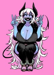Rule 34 | 1girl, ^ ^, aohada bocchi, black horns, black shirt, black tail, black thighhighs, blue skin, blush, breasts, cleavage, closed eyes, colored skin, curvy, demon girl, demon horns, demon tail, double v, fangs, high heels, highres, horns, huge breasts, long hair, open mouth, pink background, pointy ears, ruri (aohada bocchi), sharp teeth, shirt, shoes, skirt, sleeves rolled up, squatting, tail, teeth, thick thighs, thighhighs, thighs, tongue, v, very long hair, white hair, white skirt, zyugoya