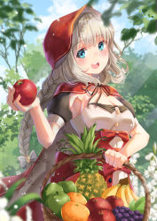 Rule 34 | 1girl, :d, absurdres, apple, banana, basket, black ribbon, blue eyes, blue sky, blurry, blurry foreground, blush, bow, braid, breasts, cape, cleavage, cloud, commentary request, day, depth of field, fate/grand order, fate (series), food, fruit, grapes, green apple, grey bow, grey cape, grey hair, hair bow, heroic spirit chaldea park outfit, highres, holding, holding basket, holding food, holmemee, hood, hood up, hooded cape, long hair, marie antoinette (fate), marie antoinette (festival outfit) (fate), medium breasts, multicolored cape, multicolored clothes, official alternate costume, open mouth, outdoors, pineapple, puffy short sleeves, puffy sleeves, red apple, red cape, ribbon, round teeth, shirt, short sleeves, single braid, sky, smile, solo, teeth, upper teeth only, very long hair, white shirt