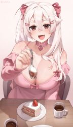 Rule 34 | 1girl, breasts, brown eyes, cake, chair, choker, cleavage, coffee cup, cup, detached sleeves, disposable cup, dress, food, hair ornament, hair ribbon, hairclip, highres, iwbitu, large breasts, looking at viewer, nyopu, off-shoulder dress, off shoulder, original, pink choker, pink dress, ribbon, simple background, sitting, solo, table, twintails, white background, white hair