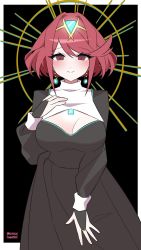 Rule 34 | 1girl, alternate costume, black dress, breasts, chest jewel, cleavage, dress, earrings, habit, highres, jewelry, kotohatoko510, large breasts, nun, pyra (xenoblade), red eyes, red hair, robe, short hair, solo, swept bangs, xenoblade chronicles (series), xenoblade chronicles 2
