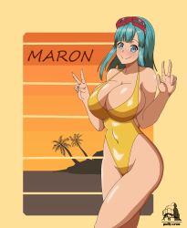 Rule 34 | 1girl, :&gt;, artist request, beach, blue eyes, blue hair, blush, breasts, cameltoe, character name, cleavage, cloud, covered navel, cowboy shot, curvy, day, dragon ball, dragonball z, evening, female focus, fingernails, goggles, goggles on head, groin, highleg, highleg swimsuit, highres, large breasts, long hair, looking at viewer, maron (dragon ball), ocean, one-piece swimsuit, outdoors, sky, smile, solo, speech bubble, standing, swimsuit, thighs, v, yellow one-piece swimsuit